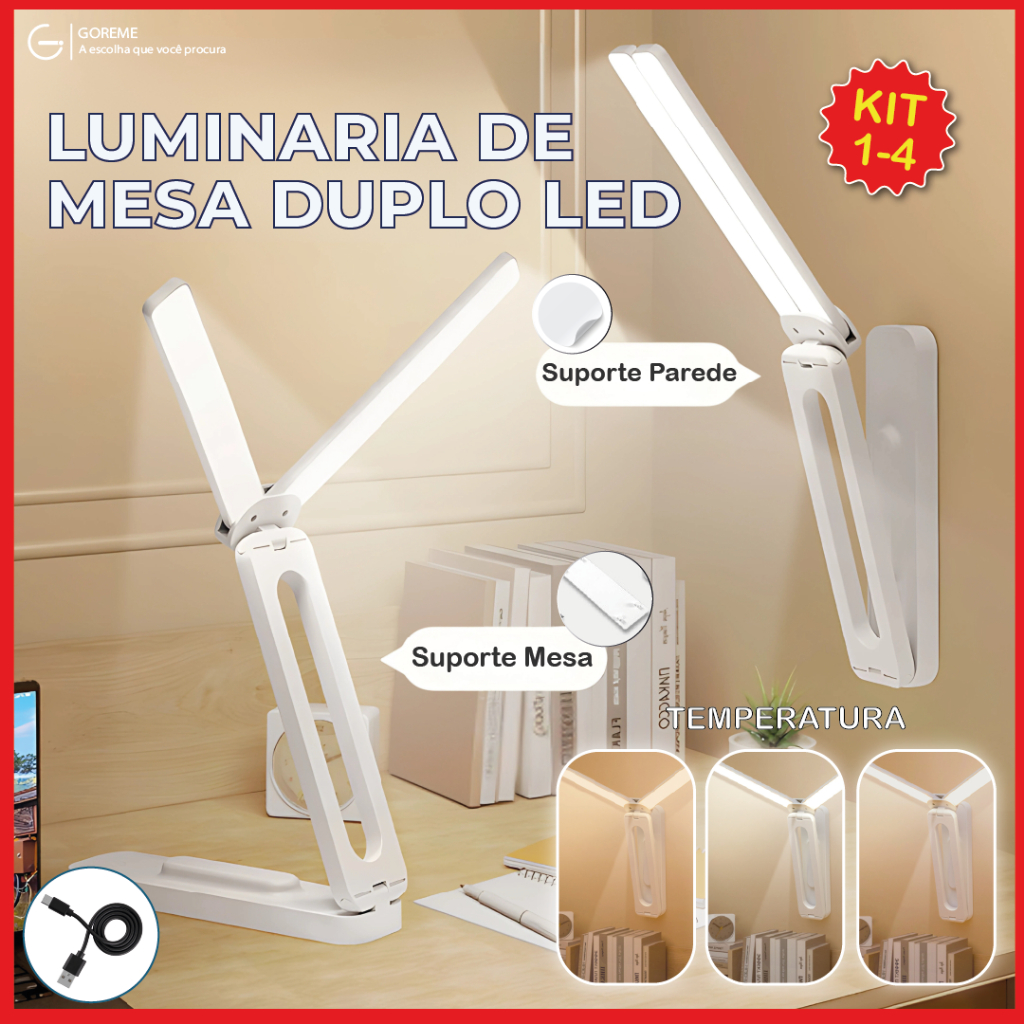 Luminária Articulada com 2 Aberturas Led Abajur de Mesa Recarregável
