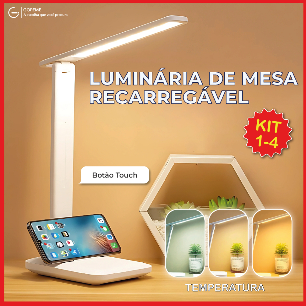 Luminária de Mesa Abajur Led Ajustável Botão Touch 3 Tons de Luz