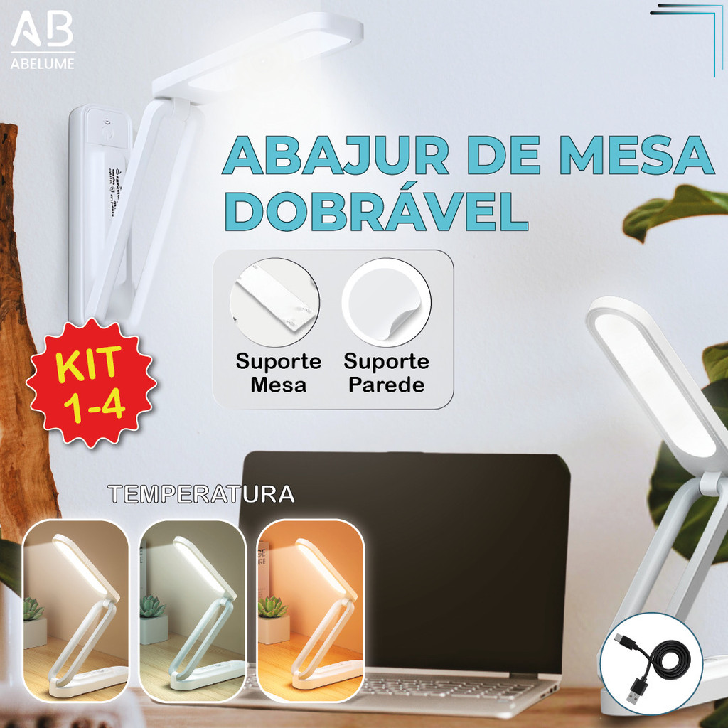 Luminária de Mesa Abajur Led Dobrável Recarregável USB Com 3 Tons de