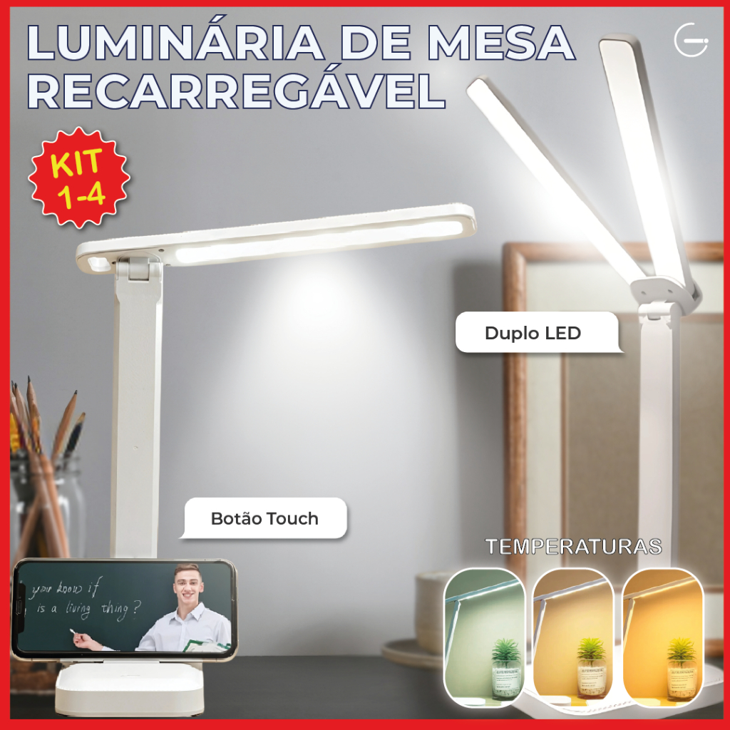 Luminária de Mesa Abajur Led Recarregável Portátil USB Duplo Led — Decoração