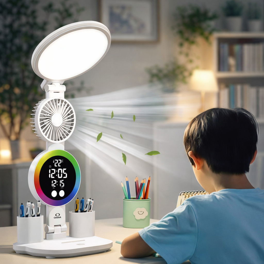 Luminária de Mesa com Ventilador LED RGB Relógio Digital Touch Tipo C — Ar e Ventilação