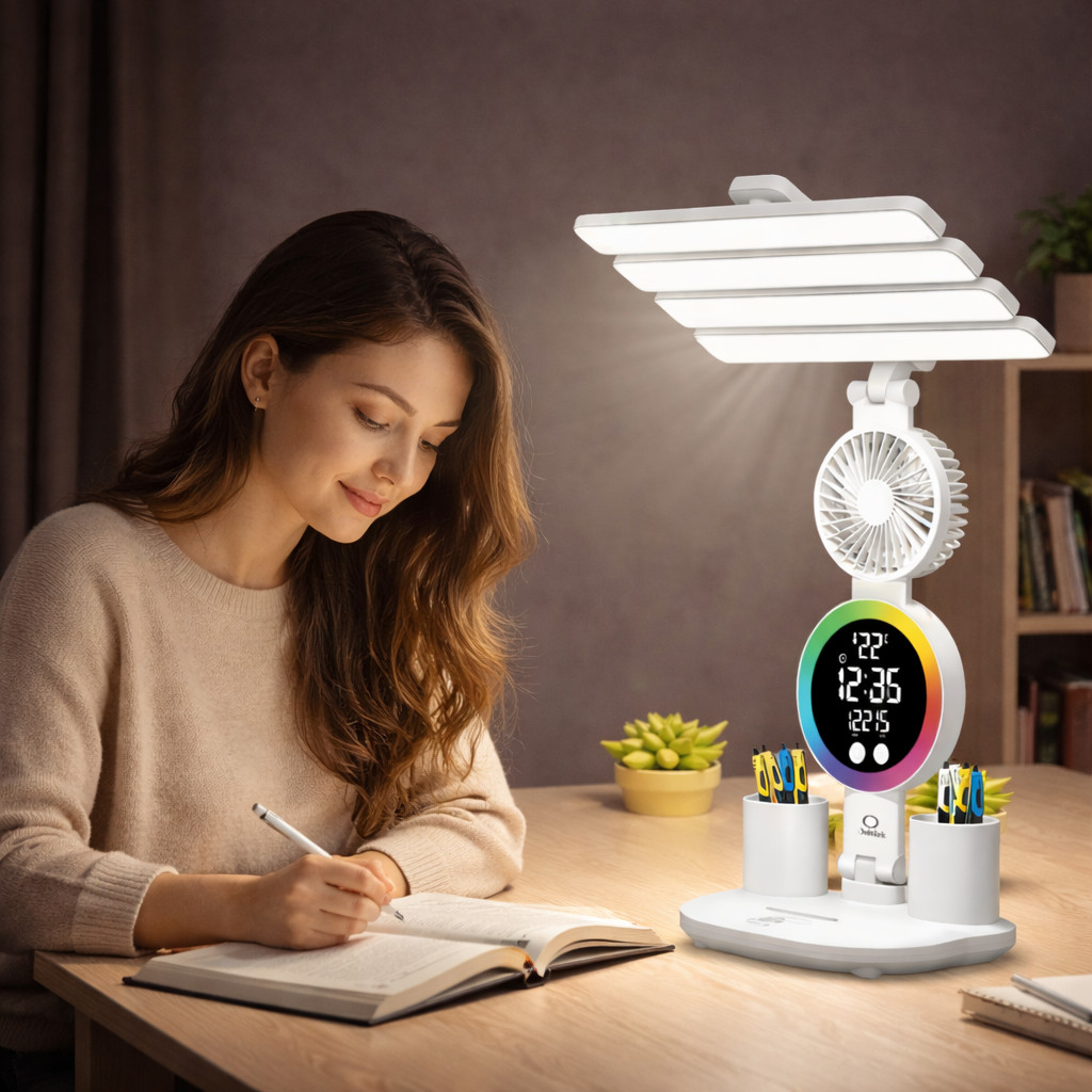 Luminária de Mesa Touch com Ventilador Relógio Digital 3 Cores LED 7W — Decoração
