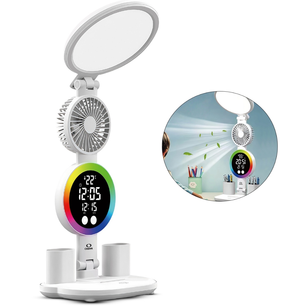 Luminária De Mesa Touch Com Ventilador Relógio E Temperatura — Decoração