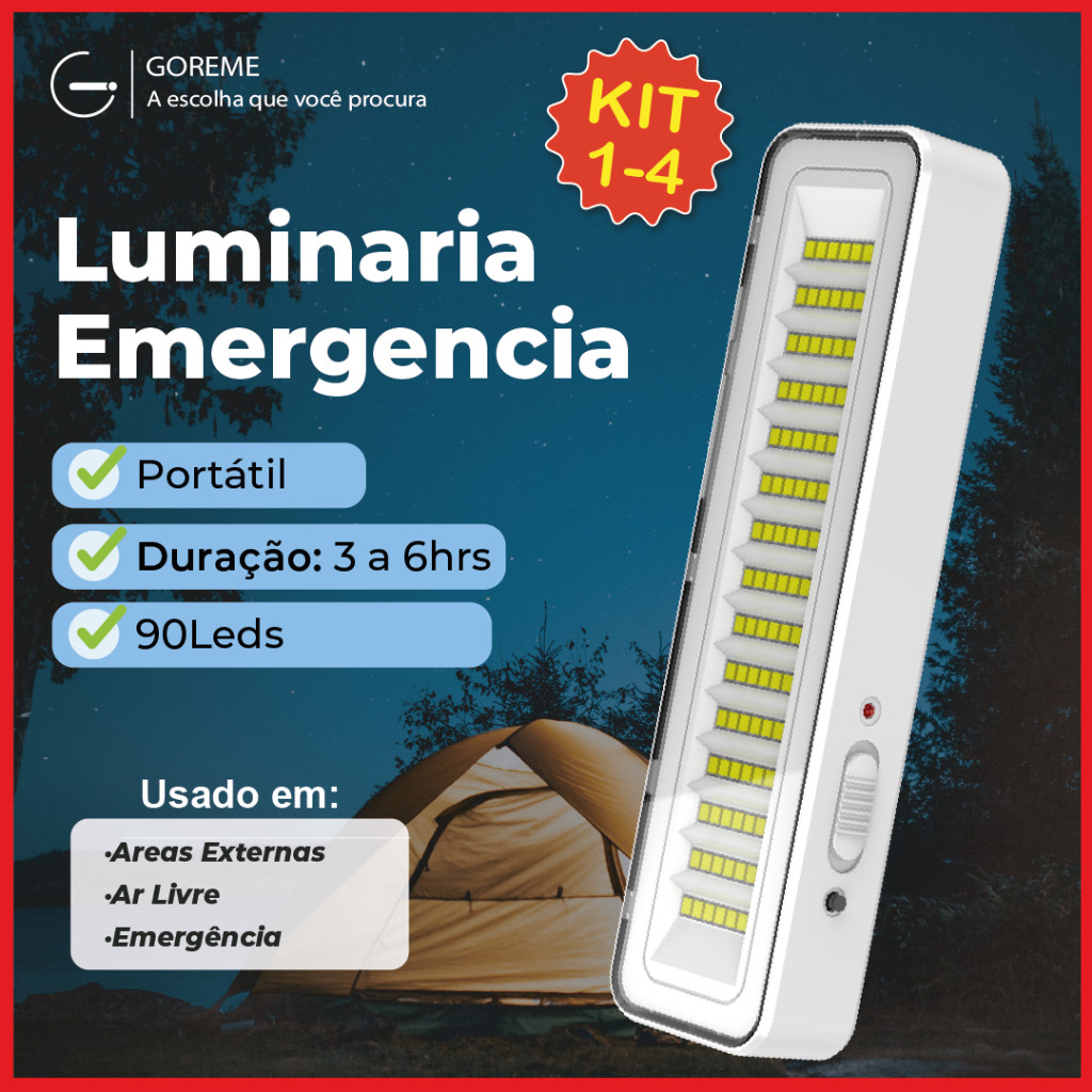 Luminária Emergência Lâmpada Portátil 90 Leds Pro Recarregável Bivolt