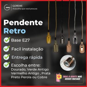 Luminária Pendente A8 Cor Dourado Verde Antigo Vermelho Antigo Preto