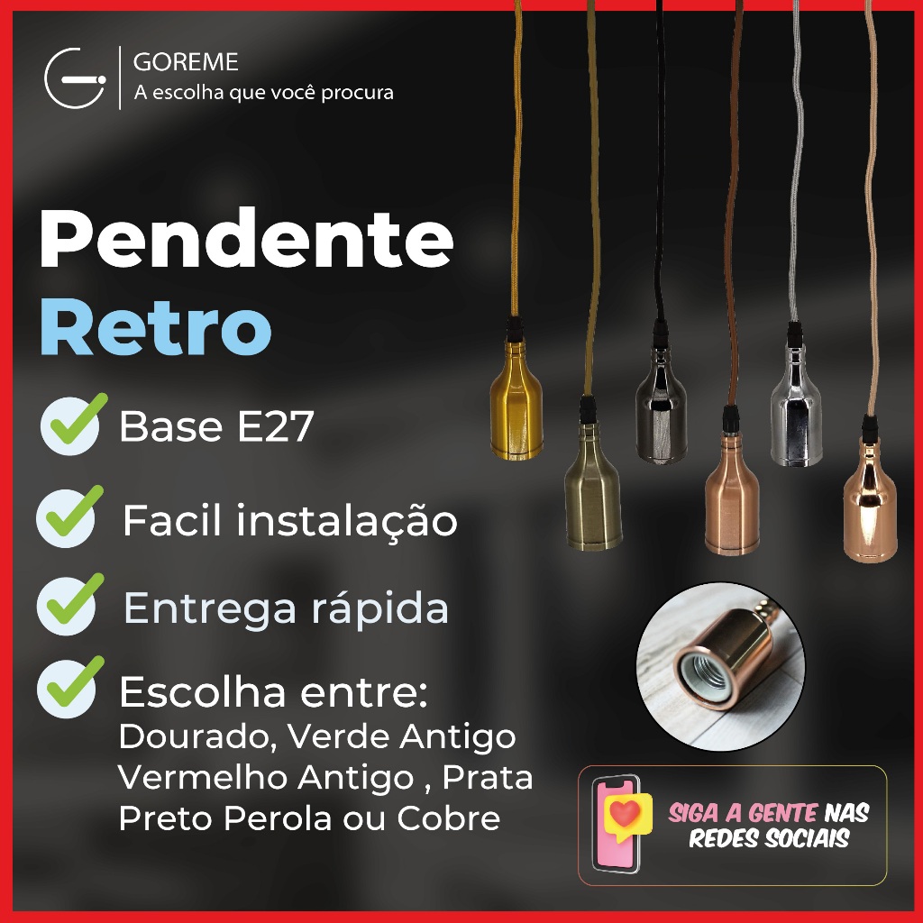 Luminária Pendente A8 Cor Dourado Verde Antigo Vermelho Antigo Preto