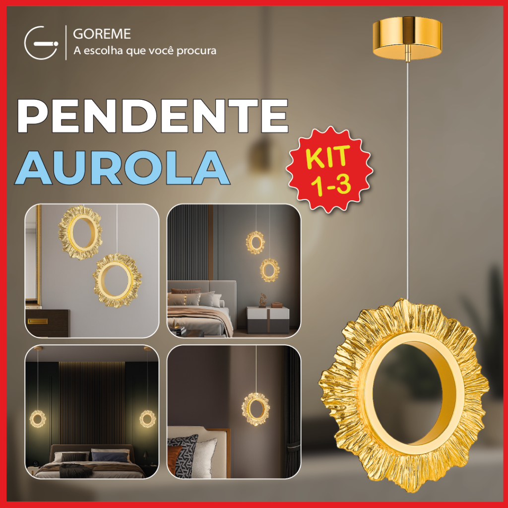 Luminária Pendente Aurola Led Anel Redondo Dourado de Luxo 3 Tons de