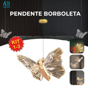 Luminária Pendente Lustre Borboleta de Luxo Cristal Dourada Moderna 3