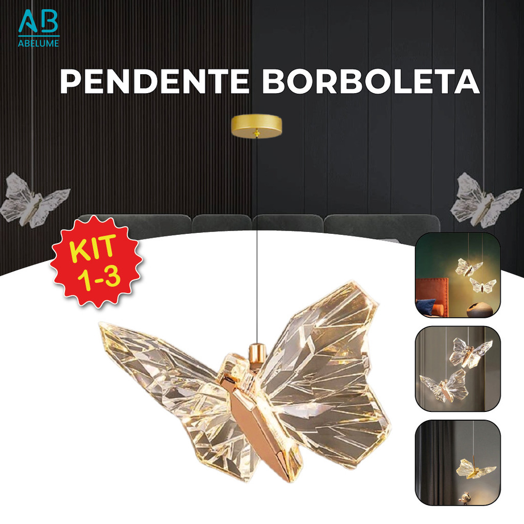 Luminária Pendente Lustre Borboleta de Luxo Cristal Dourada Moderna 3