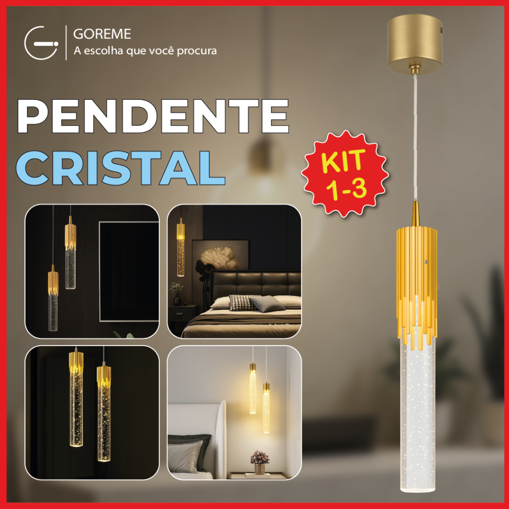 Luminária Pendente Tubo de Cristal Led de Luxo Dourado com Bolha 3