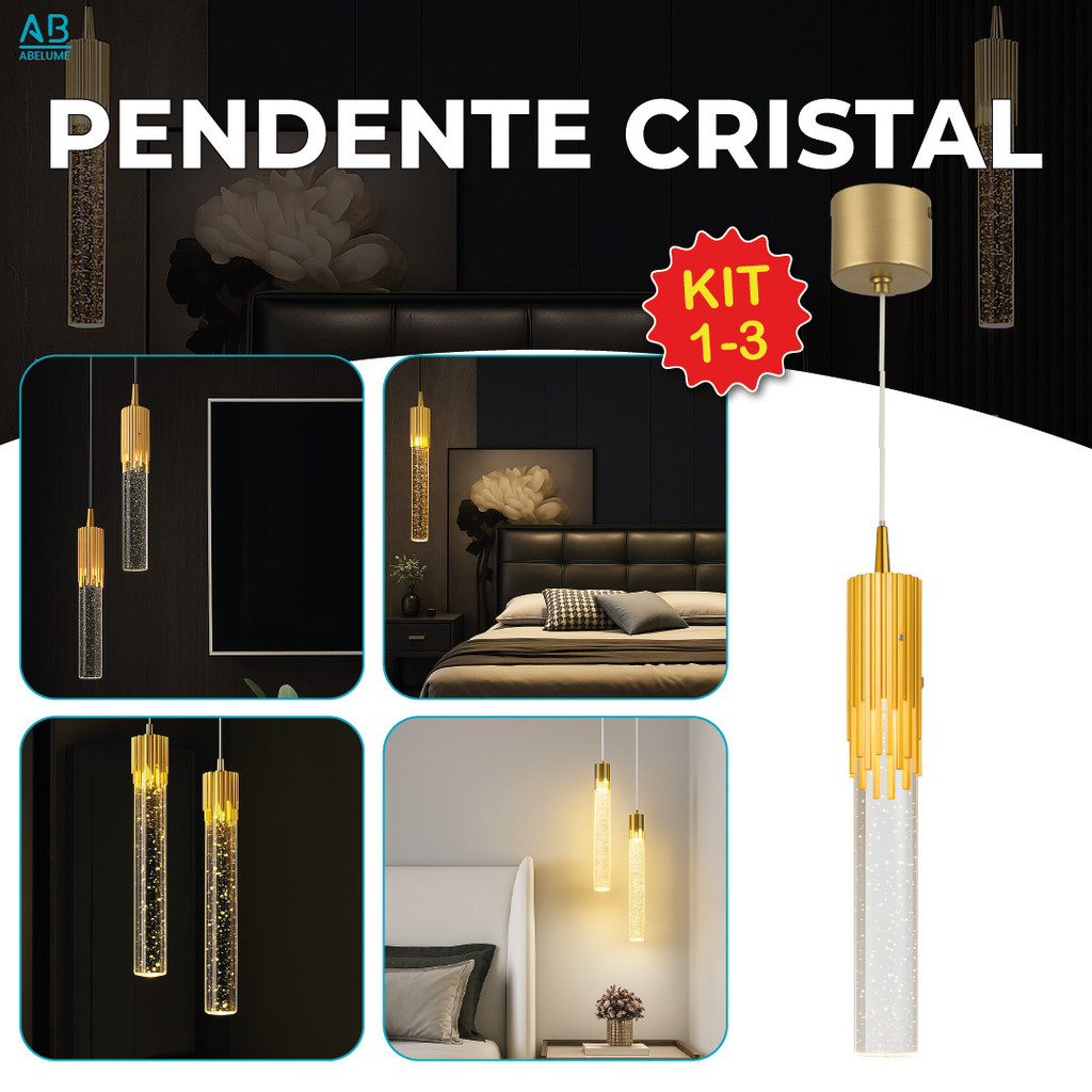 Luminária Pendente Tubo de Cristal Led de Luxo Dourado com Bolha 3