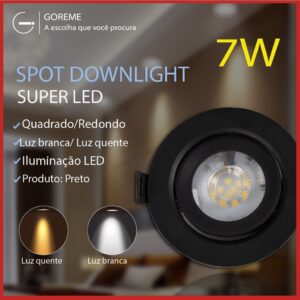 Luminária Spot Led Redondo Direcionável 7W Embutir Gesso Teto Preto
