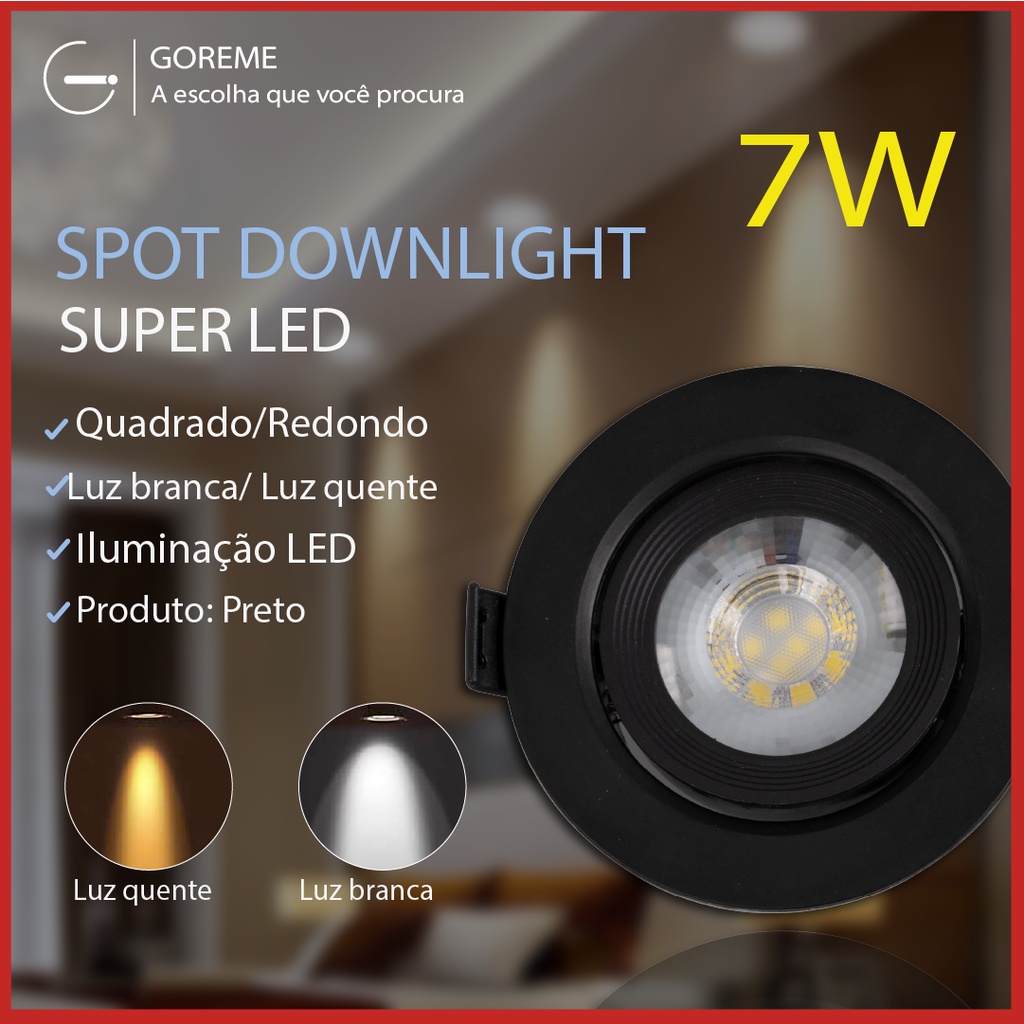 Luminária Spot Led Redondo Direcionável 7W Embutir Gesso Teto Preto