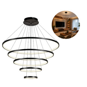 Lustre Led Luminária Pendente 5 Arcos Moderno Anéis Preto Bivolt 160W