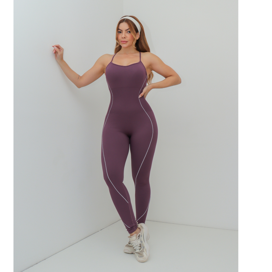Macacão Feminino Fitness Esportivo Canelado Poliamida Academia
