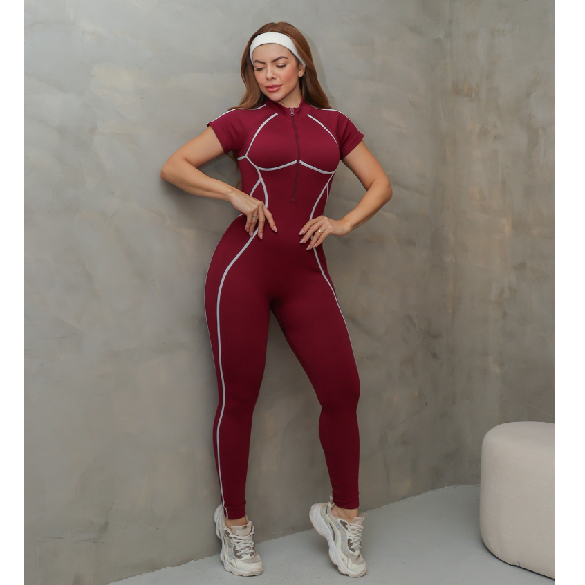 Macacão Fitness Feminino Esportivo Manga Curta com Zíper Academia