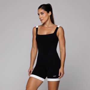 Macaquinho Poliamida Preto com Detalhes em Off White Fitness Feminino