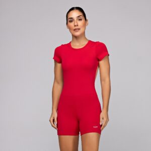 Macaquinho Vermelho Poliamida Fitness Feminino com Manga Curta