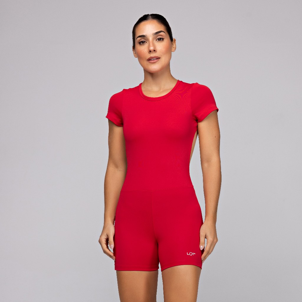 Macaquinho Vermelho Poliamida Fitness Feminino com Manga Curta
