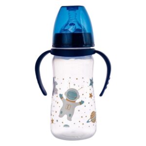 Mamadeira Anticólica Astronauta Azul Alça 330 ml Menino Infantil Bebê