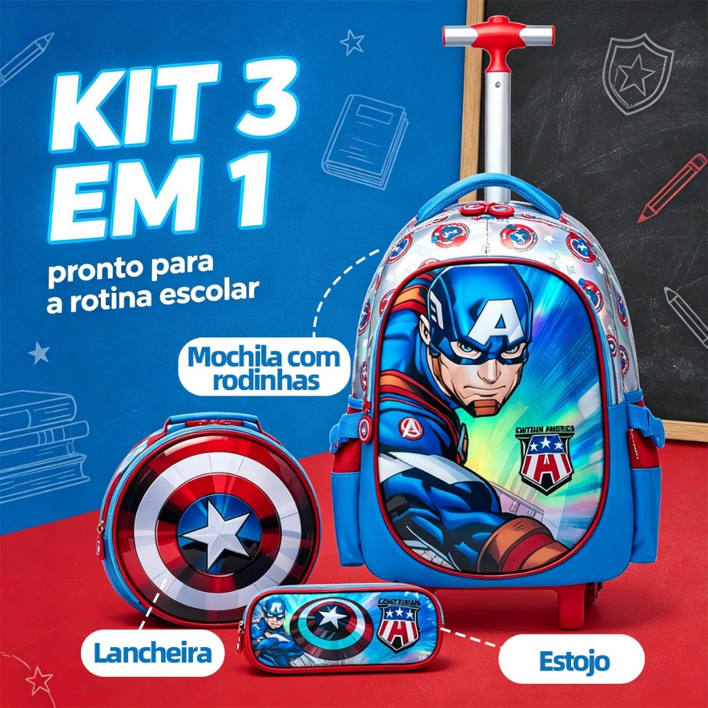 Marvel Conjunto de três peças com mochila com rodas do Capitão