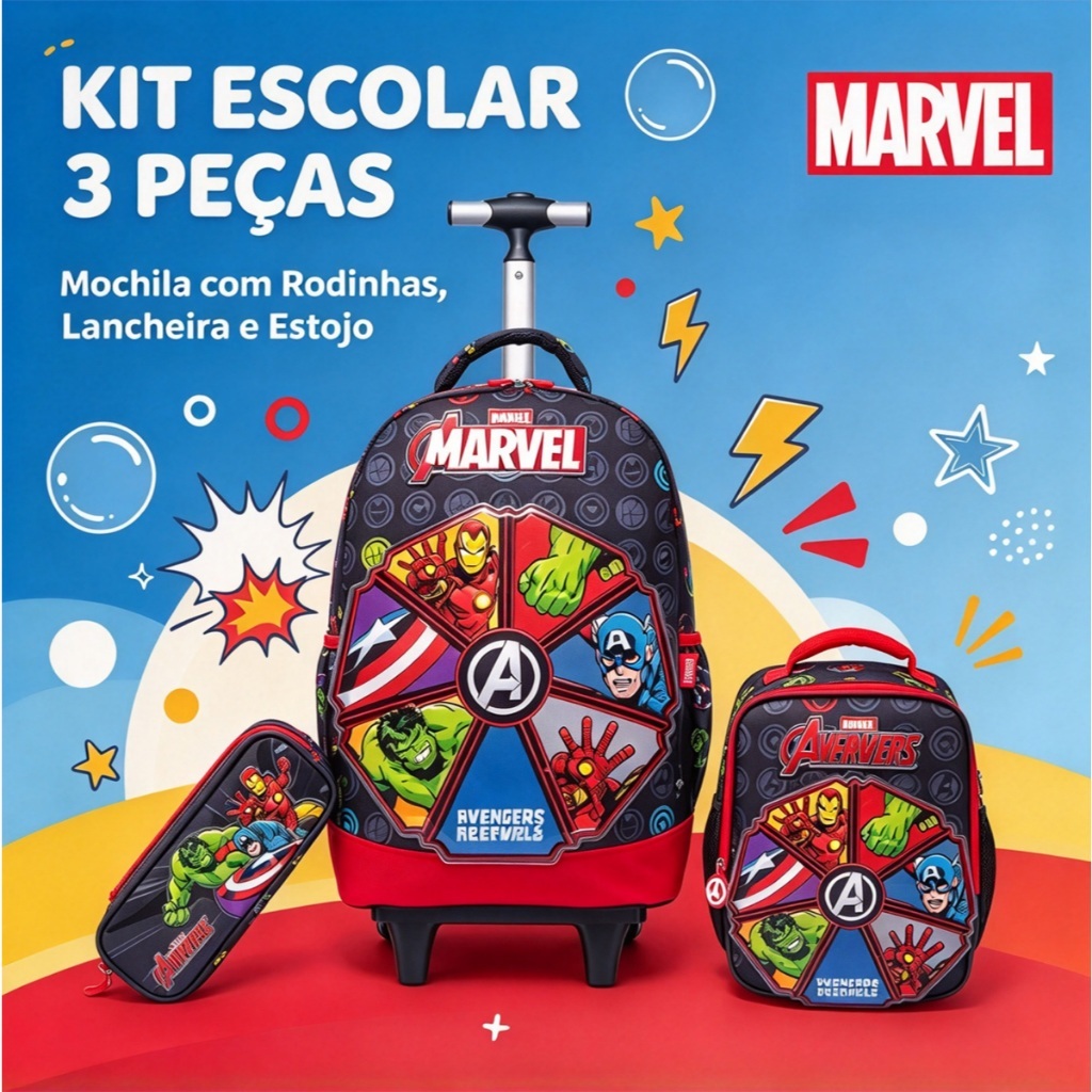Marvel Kit Mochila Infantil Super Heróis Vingadores Com Rodas Mochila — Bolsas e Mochilas