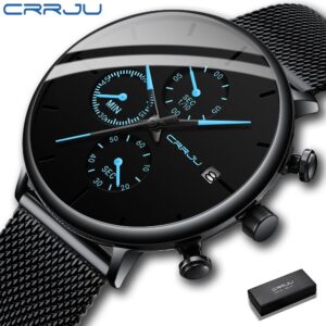 Mens Relógios Crrju Luxo Sport Original Data Auto Cinta De Malha De