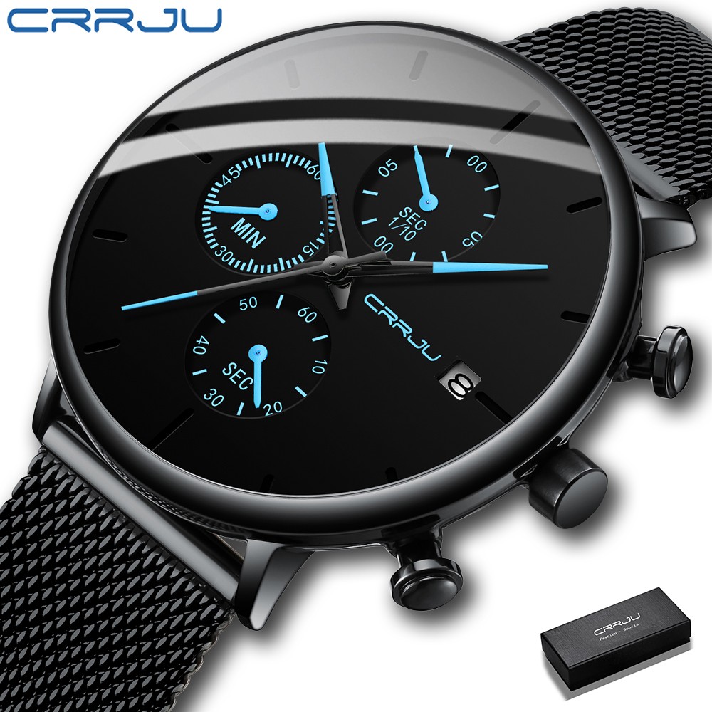 Mens Relógios Crrju Luxo Sport Original Data Auto Cinta De Malha De