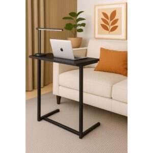 Mesa apoio e suporte lateral notebook cama sofa em aço tampo madeira