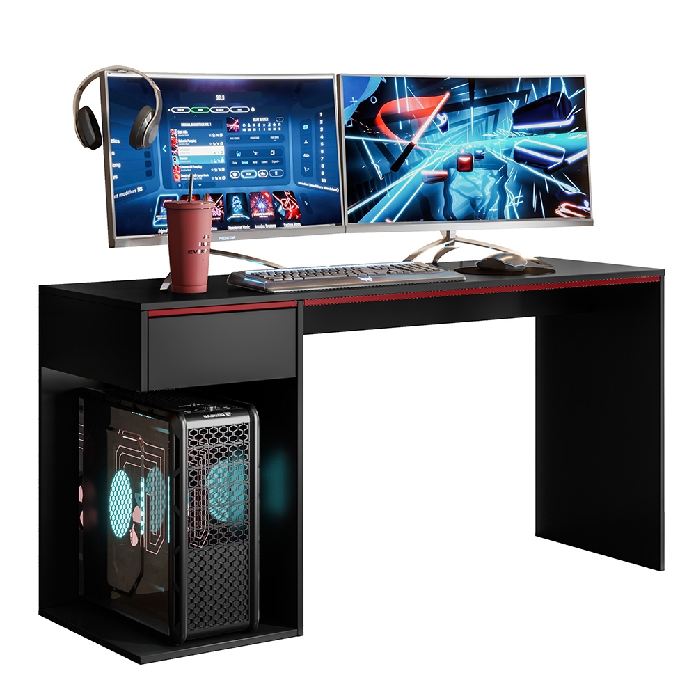 Mesa Gamer Cabe 2 Monitores com Gaveta Suporte Cpu Home Office 136cm