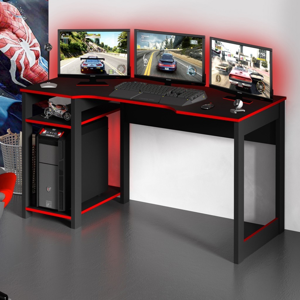 Mesa Gamer Destiny Ideal para 3 Monitores Preto Azul Tecno Mobili