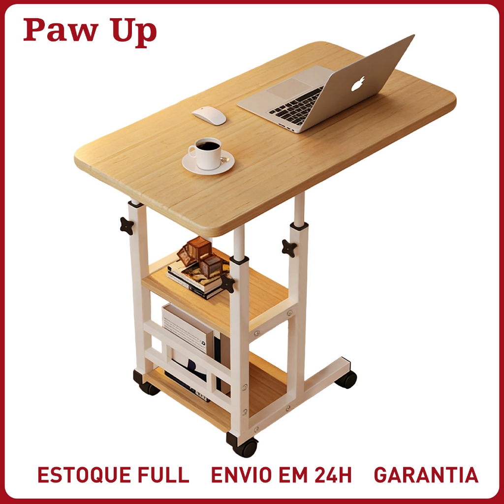 Mesa Multiuso com 3 Prateleiras Altura Regulável, Rodinhas, Cantos — Informática