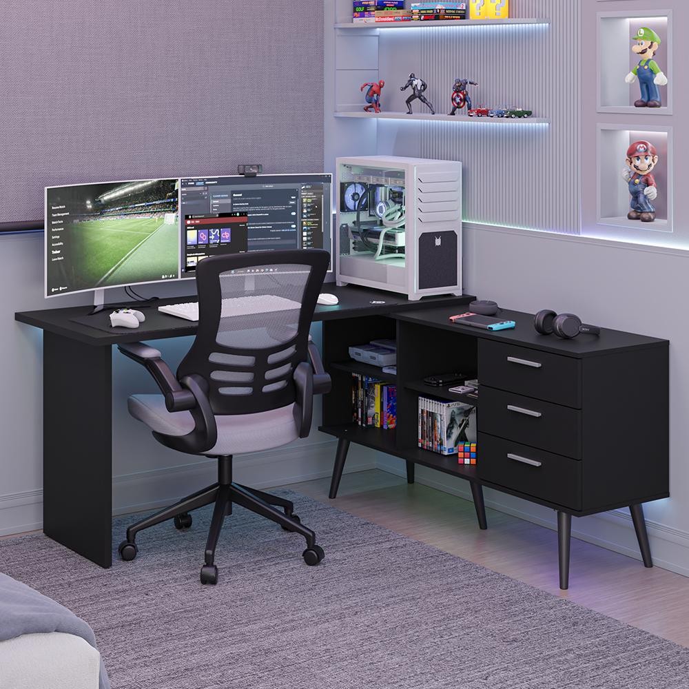 Mesa para Computador Gamer em L 3 Gavetas Preto Lisboa Madesa