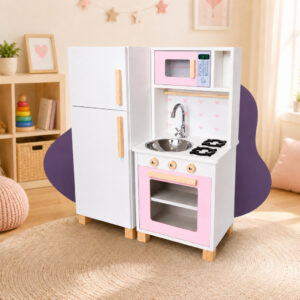 Mini Cozinha Infantil Geladeira Madeira Rosa Bebê Faz de Conta Chef