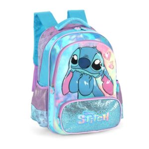 Mochila de Costas G Stitch Pelúcia Paetê Azul Luxcel Fofura e Brilho