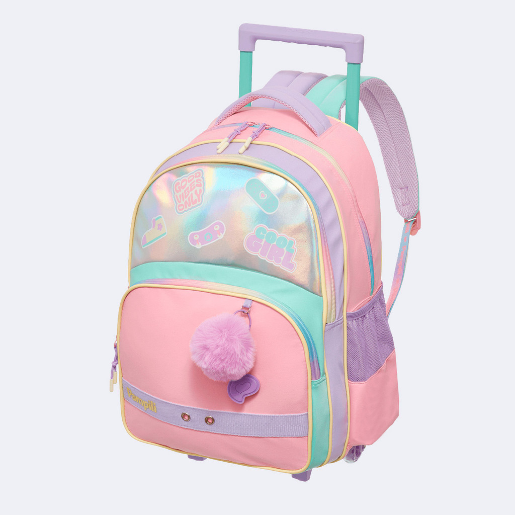 Mochila de Rodinha Infantil Escolar Pampili Pompom Holográfica Candy
