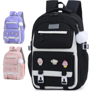 Mochila Escolar Grande Juvenil Infanti; com Pompom Patches Estilosa