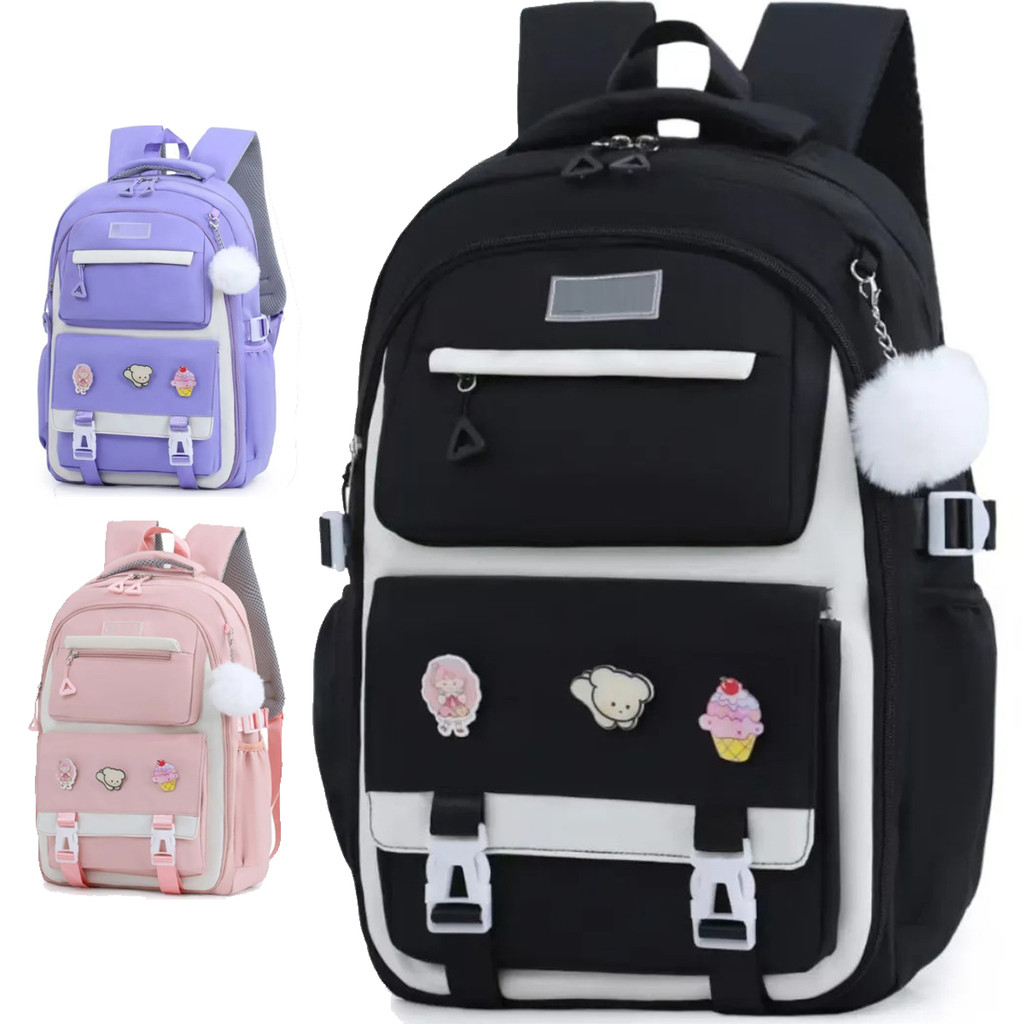 Mochila Escolar Grande Juvenil Infanti; com Pompom Patches Estilosa