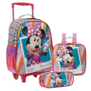 Mochila Escolar Infantil 16″, Lancheira e Estojo Disney Minnie