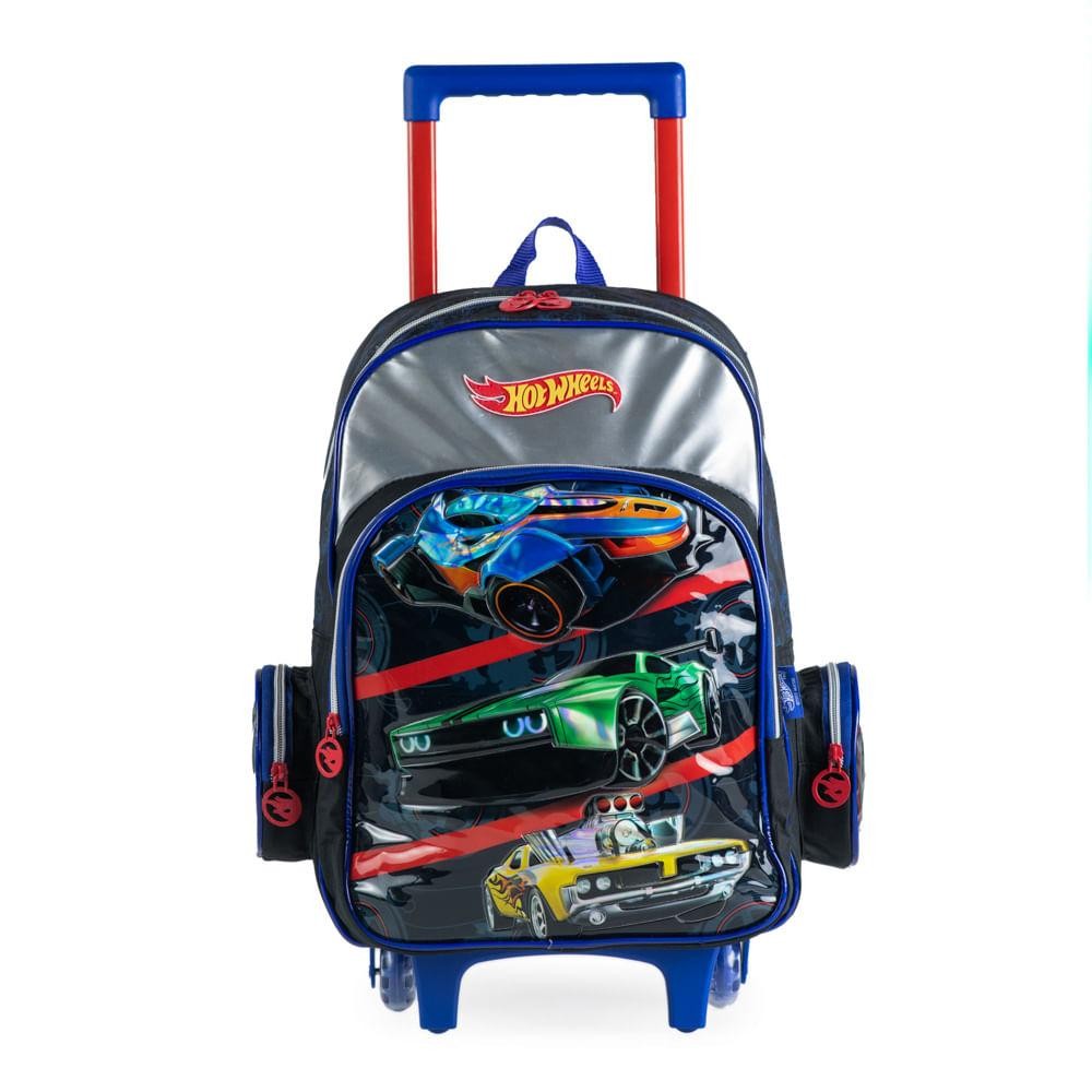 Mochila Escolar Infantil com 2 Rodinhas Masculina Hot Wheels Premium