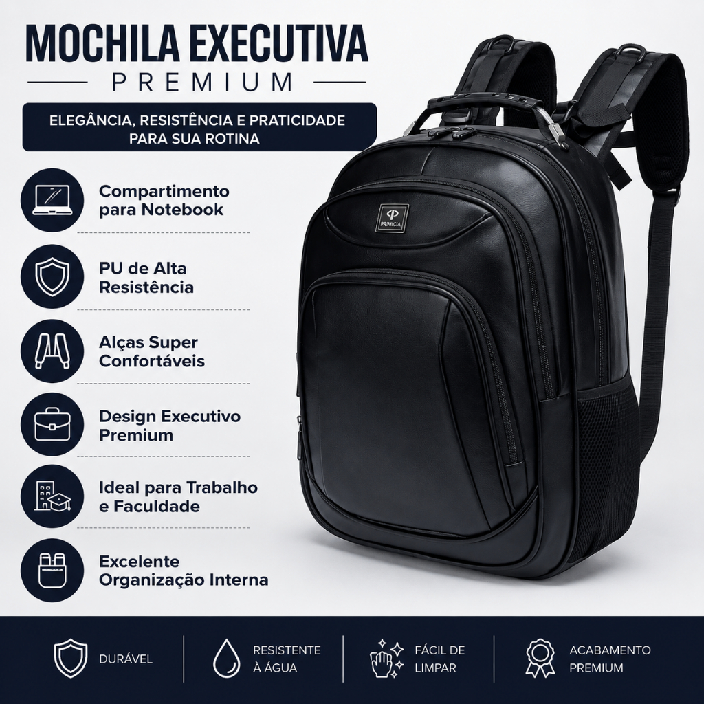 Mochila Executiva Notebook Premium PU Reforçada 25 Litros Resistente — Bolsas e Mochilas