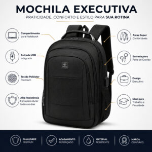 Mochila Executiva Reforçada Masculina Notebook Entrada USB Resistente