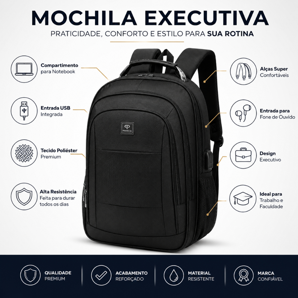 Mochila Executiva Reforçada Masculina Notebook Entrada USB Resistente — Bolsas e Mochilas