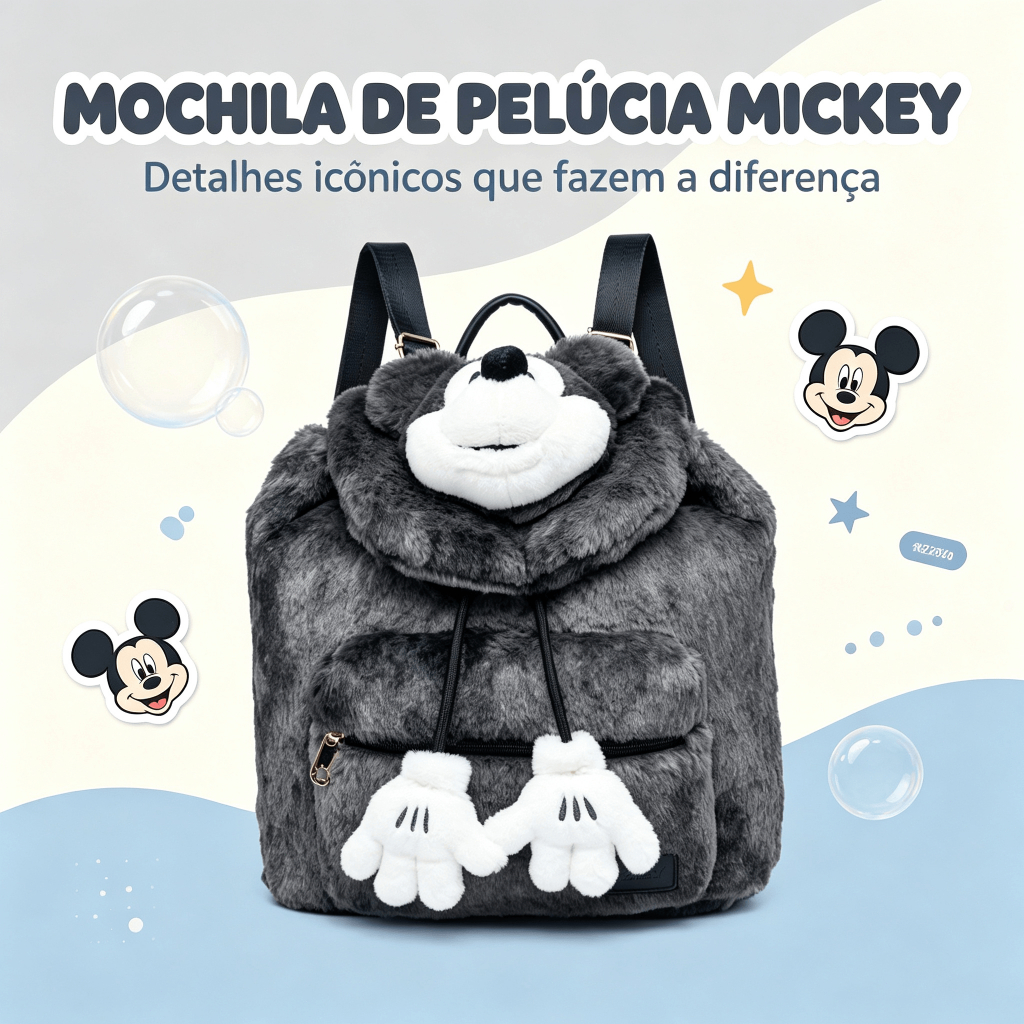 Mochila Feminina Mickey Mouse Pelúcia Macia Reforçada Disney — Bolsas e Mochilas