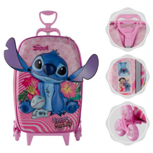 Mochila Infantil Escolar Stitch 3D Disney com Rodinhas e Orelhas que