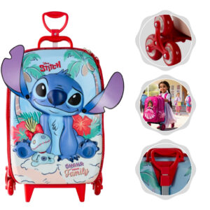 Mochila Infantil Escolar Stitch Praia Disney com Rodinhas e orelhas
