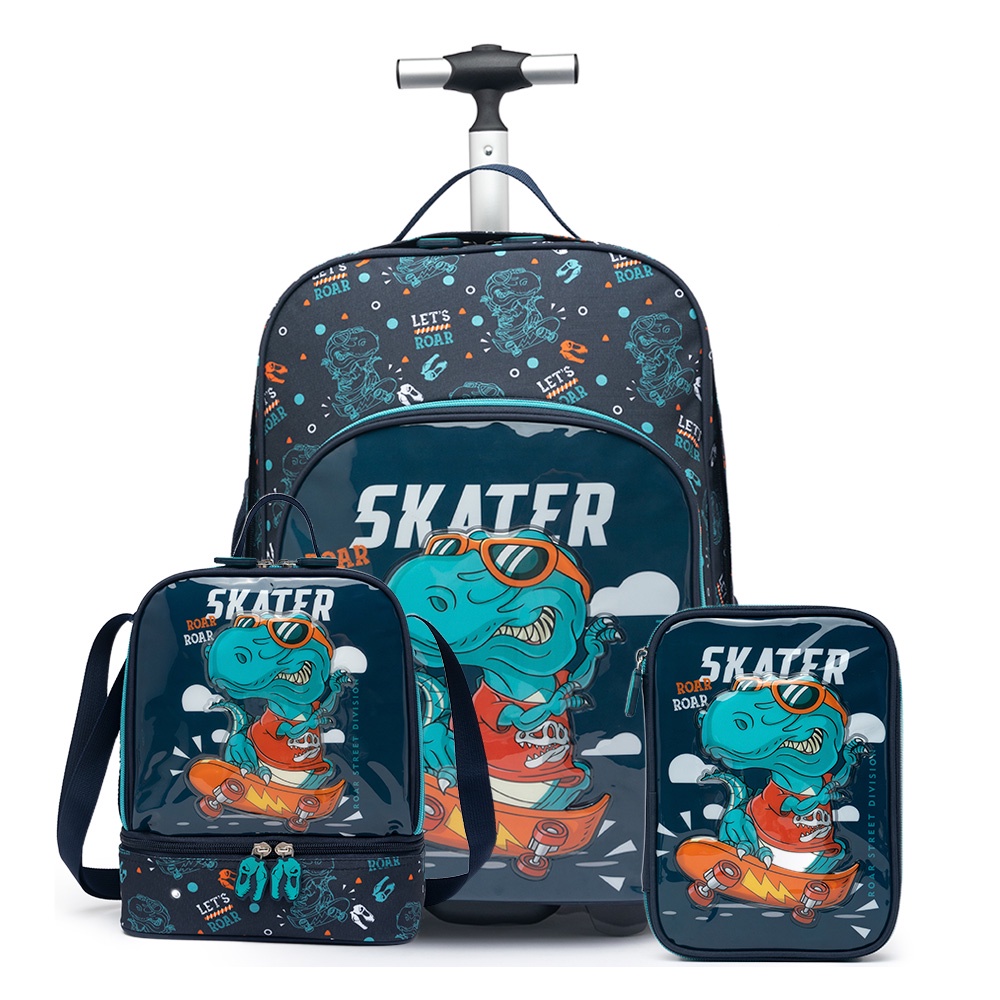 Mochila Lancheira Estojo Infantil Rodinhas Menino Dino Skate Escolar — Bolsas e Mochilas