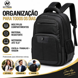 Mochila Masculina Reforçada Preta Executiva Nytron Faculdade Espaçosa