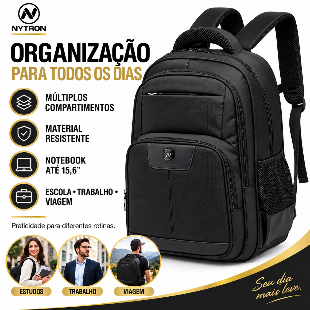 Mochila Masculina Reforçada Preta Executiva Nytron Faculdade Espaçosa