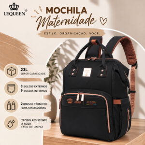 Mochila Maternidade Lequeen Preta Espaçosa Reforçada 23L